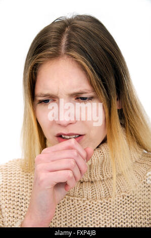 MODEL RELEASED. Young woman coughing. Stock Photo