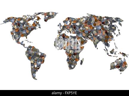 World map made up of coins. Stock Photo