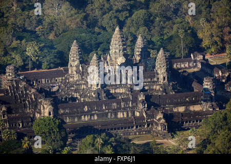 Angkor Wat, 12th century Khmer Temple, UNESCO World Heritage Site, Siem Reap, Cambodia - aerial Stock Photo