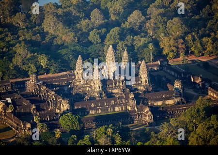 Angkor Wat, 12th century Khmer Temple, UNESCO World Heritage Site, Siem Reap, Cambodia - aerial Stock Photo