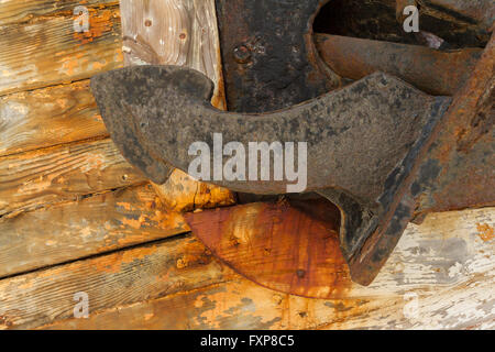 Anchor on Derelict Wooden Fishing Boat Wreck closeup Stock Photo - Alamy