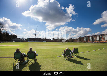 Cambridge University student cricketers playing at Fenner's Ground at the start of the season on a sunny day. Stock Photo