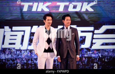 Beijing, China. 17th Apr, 2016. Actor Wallace Chung (L) and actor Lee Jung Jae attend a press conference for their new movie Tik Tok in Beijing, capital of China, April 17, 2016. The movie will be released in China on July 15. © Yao Jianfeng/Xinhua/Alamy Live News Stock Photo