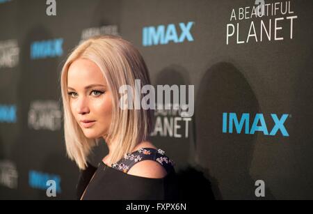 New York, USA. 16th Apr, 2016. Actress Jennifer Lawrence attends the world Premiere of the IMAX film A Beautiful Planet at AMC Lowes Lincoln Square theater April 16, 2016 in New York City. The film features footage of Earth captured by astronauts aboard the International Space Station. Credit:  Planetpix/Alamy Live News Stock Photo