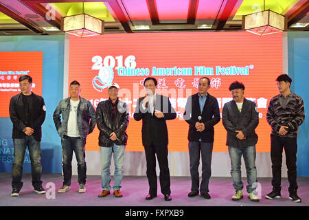 Beijing, China. 17th Apr, 2016. Actor Tang Guoqiang (C) attends a press conference of the 12th Chinese American Film Festival in Beijing, capital of China, April 17, 2016. The 12th Chinese American Film Festival will be held from Oct. 31 to Nov. 30 in the United States. © Chen Bin/Xinhua/Alamy Live News Stock Photo