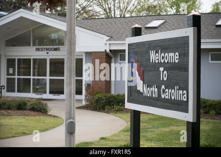 Grover, NC, USA. 15th Apr, 2016. State-owned public facilities at rest stop outside Charlotte, NC. The state's recent anti-LGBT laws, dubbed 'bathroom bill' restricts transgender individuals from using what many residents in state feel would be the appropriate gendered restroom to use depending on the person's gender identity and presentation. The law has unleashed a firestorm of protests against the law, including jobs and lost business growth in the state. © Robin Rayne Nelson/ZUMA Wire/Alamy Live News Stock Photo