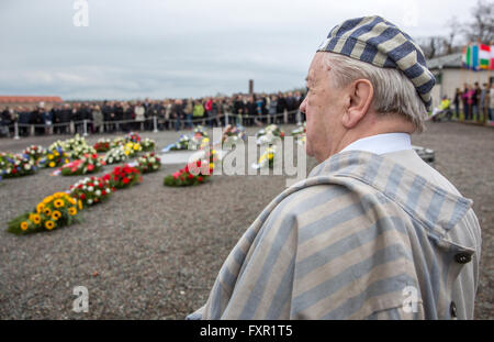 Weimar, Germany. 17th Apr, 2016. Former Buchenwald inmate Alojzy Maciak from Poland at the concentration camp memorial on occasion of the 71th anniversary of its liberation that occured on 11 April 1945, in Weimar, Germany, 17 April 2016. A permanent exhibition which was reopened on the same day spans 2,000 square metres and outlines the history of the concentration camp. Photo: MICHAEL REICHEL/dpa/Alamy Live News Stock Photo