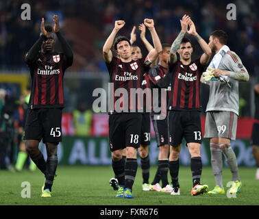 Genoa, Italy. 17th Apr, 2016. Players of AC Milan celebrate victory after the 2015-2016 season Serie A football match against Sampdoria in Genoa, Italy, April 17, 2016. AC Milan won 1-0. © Alberto Lingria/Xinhua/Alamy Live News Stock Photo