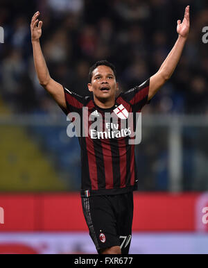 Genoa, Italy. 17th Apr, 2016. Carlos Bacca of AC Milan celebrates after scoring during the 2015-2016 season Serie A football match against Sampdoria in Genoa, Italy, April 17, 2016. AC Milan won 1-0. © Alberto Lingria/Xinhua/Alamy Live News Stock Photo