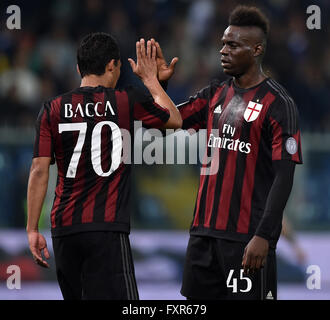 Genoa, Italy. 17th Apr, 2016. Carlos Bacca (L) of AC Milan celebrates after scoring with his teammate Mario Balotelli during the 2015-2016 season Serie A football match against Sampdoria in Genoa, Italy, April 17, 2016. AC Milan won 1-0. © Alberto Lingria/Xinhua/Alamy Live News Stock Photo