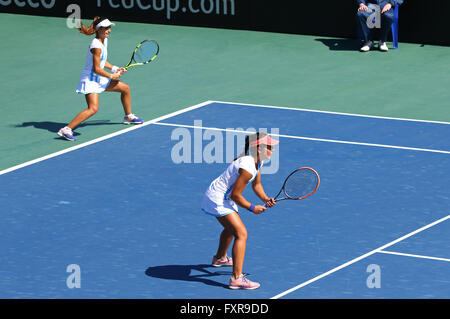 Kyiv, Ukraine. 17th April, 2016. Guadalupe Perez Rojas (R) and Maria Lourdes Carle of Argentina in action during BNP Paribas FedCup World Group II Play-off pair game against Ukraine at Campa Bucha Tennis Club in Kyiv, Ukraine. Ukraine won pair game 6-1, 6-3. Credit:  Oleksandr Prykhodko/Alamy Live News Stock Photo