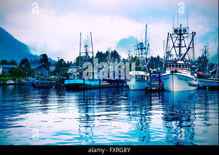 Old wooden commercial fishing boat in Crescent Harbor, Sitka