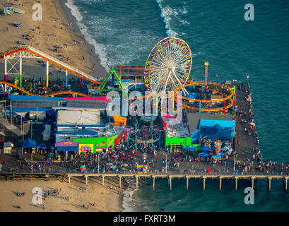 Aerial view, Pacific Ocean, Santa Monica Pier, Rollercoaster, Ferris Wheel, Marina del Rey, Los Angeles County, California, USA, Stock Photo