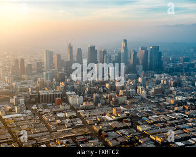 Aerial view, skyscrapers of downtown Los Angeles in the haze, smog, Los Angeles, Los Angeles County, California, USA, Stock Photo