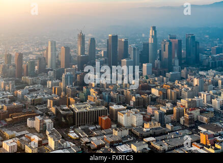 Aerial view, skyscrapers of downtown Los Angeles in the haze, smog, Los Angeles, Los Angeles County, California, USA, Stock Photo