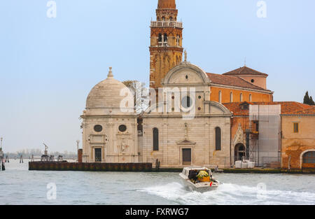 Venice, Italy, Chiesa di San Michele in Isola. Water hearse funeral boat on it's way to the cemetery on San Michele Island. Stock Photo