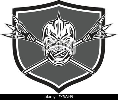 Illustration of a skull of dorado dolphin fish mahi-mahi with crossed primitive spearfishing spear set inside crest shield on isolated background done in retro style. Stock Vector
