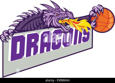 Illustration of a purple dragon head breathing fire clutching basketball ball and banner with the word Dragons" set on isolated white background done in retro style." Stock Vector