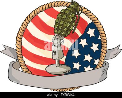 Illustration of a world war two grenade mounted on a vintage microphone stand with USA stars and stripes flag in the background Stock Vector