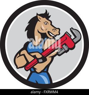 Illustration of a horse plumber arms crossed holding monkey wrench looking to the side set inside circle on isolated background Stock Vector