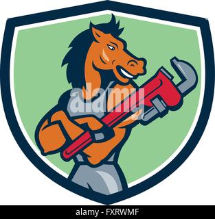 Illustration of a horse plumber arms crossed holding monkey wrench looking to the side set inside shield crest on isolated background done in cartoon style. Stock Vector