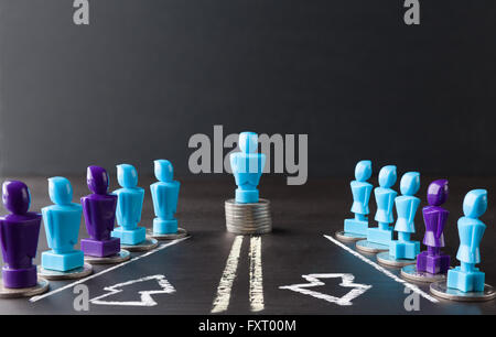 Leadership, money, wage, and gender equality concept depicted with female and male figurines standing on top of coins. Stock Photo