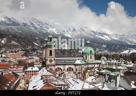 View from the town tower onto the city with the cathedral and the Karwendel Mountains, Innsbruck, Tyrol, Austria Stock Photo