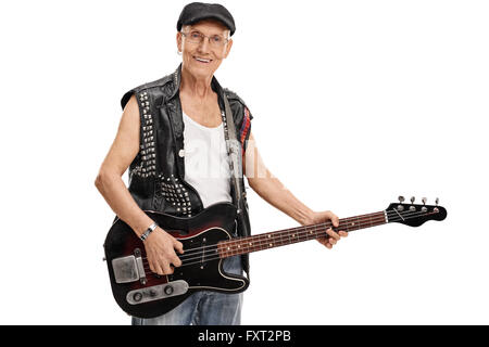 Senior punk holding a bass guitar and looking at the camera isolated on white background Stock Photo