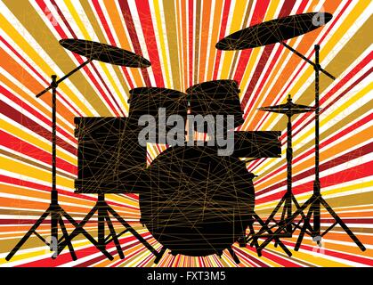 Silhouette of a rock bands drum kit over a ray splash grunge background Stock Vector