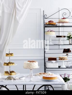 Selection of cakes on traditional tea table and stand