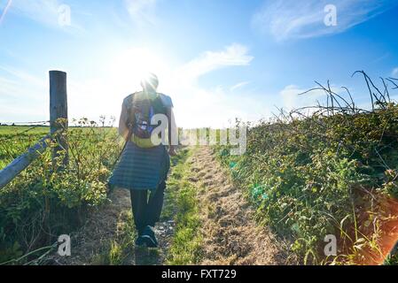 Rear view of hiker with backpack hiking on path in field Stock Photo