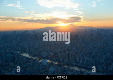 Elevated cityscape view with sunset over Mount Fuji, Tokyo, Japan Stock Photo