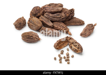 Black cardamom fruit and seeds on white background Stock Photo