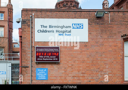 Sign at The Birmingham Children's Hospital and display of CO2 gases saved Stock Photo