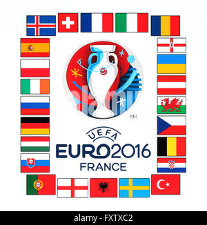 Official logo of the 2016 UEFA European Championship in France with flags of the countries participants Stock Photo