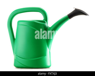 Green plastic watering can isolated on white background Stock Photo