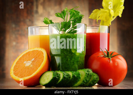 Glasses with fresh organic vegetable and fruit juices. Detox diet Stock Photo