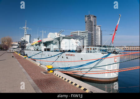 Blyskawica museum ship in Gdynia, Poland, Europe, the Baltic Sea, ORP Blyskawica warship moored at the quayside, exterior view Stock Photo