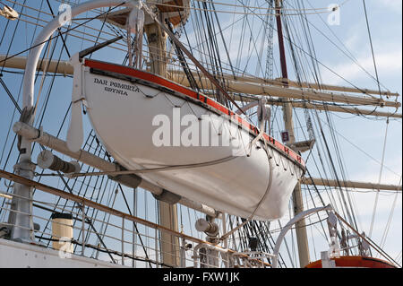 Dar Pomorza ship lifeboat in Gdynia, Poland, Europe, the Baltic Sea, legendary The White Frigate Polish sailing craft moored Stock Photo