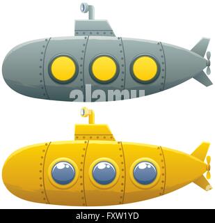 Cartoon submarine in 2 versions over white background. Stock Vector