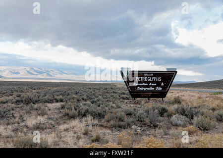 Hickison Petroglyphs Recreation Area & Interpretive Site sign on Highway 50, The Loneliest Road in America, Nevada Stock Photo