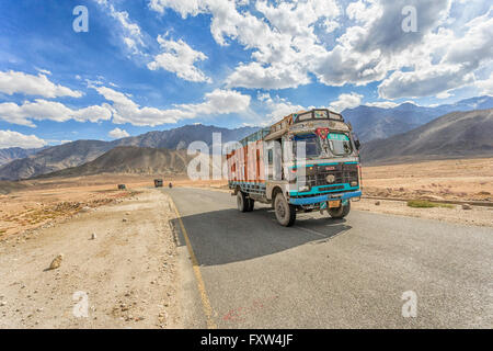 Ladakh, India - September 20, 2015 : Truck on the high altitude Srinaga-Leh road in Ladakh province, India Stock Photo