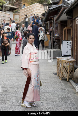 Japanese woman in kimono (model release available) on Ninen Zaka, Kyoto, Japan Stock Photo