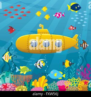 Cartoon yellow submarine underwater. Stock Vector