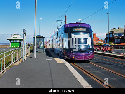 One of the new trams, running between Blackpool and Fleetwood on the Fylde Coast, north of England, UK Stock Photo