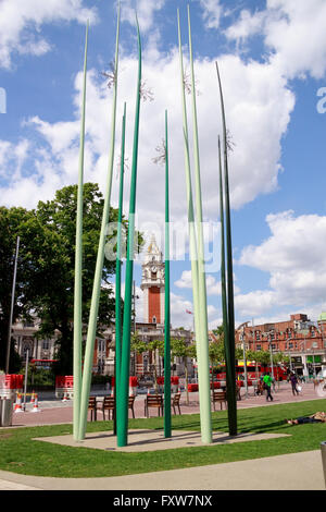 The clocktower of Lambeth Town Hall seen through a public artwork in St Matthew's Garden, Brixton, London Stock Photo