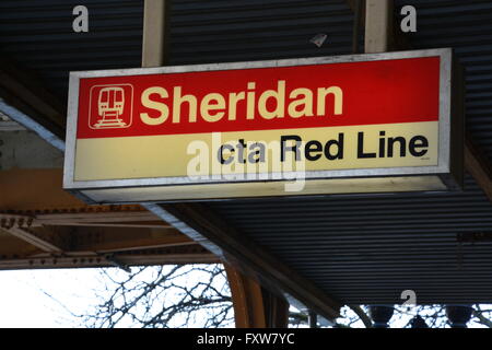 Sign to the 1920's CTA Sheridan Station on the Chicago 'L' or Loop Red Line subway in the Wrigleyville neighborhood. Stock Photo