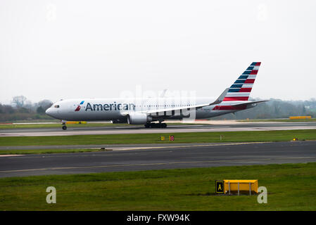 American Airlines Boeing 767-323ER Winglets Airliner N350AN Taking Off from Manchester International Airport England UK Stock Photo