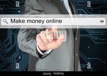 Businessman pushing virtual search bar with make money online words on digital background Stock Photo