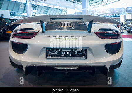 Mid-engined plug-in hybrid sports car Porsche 918 Spyder, 2015. Stock Photo